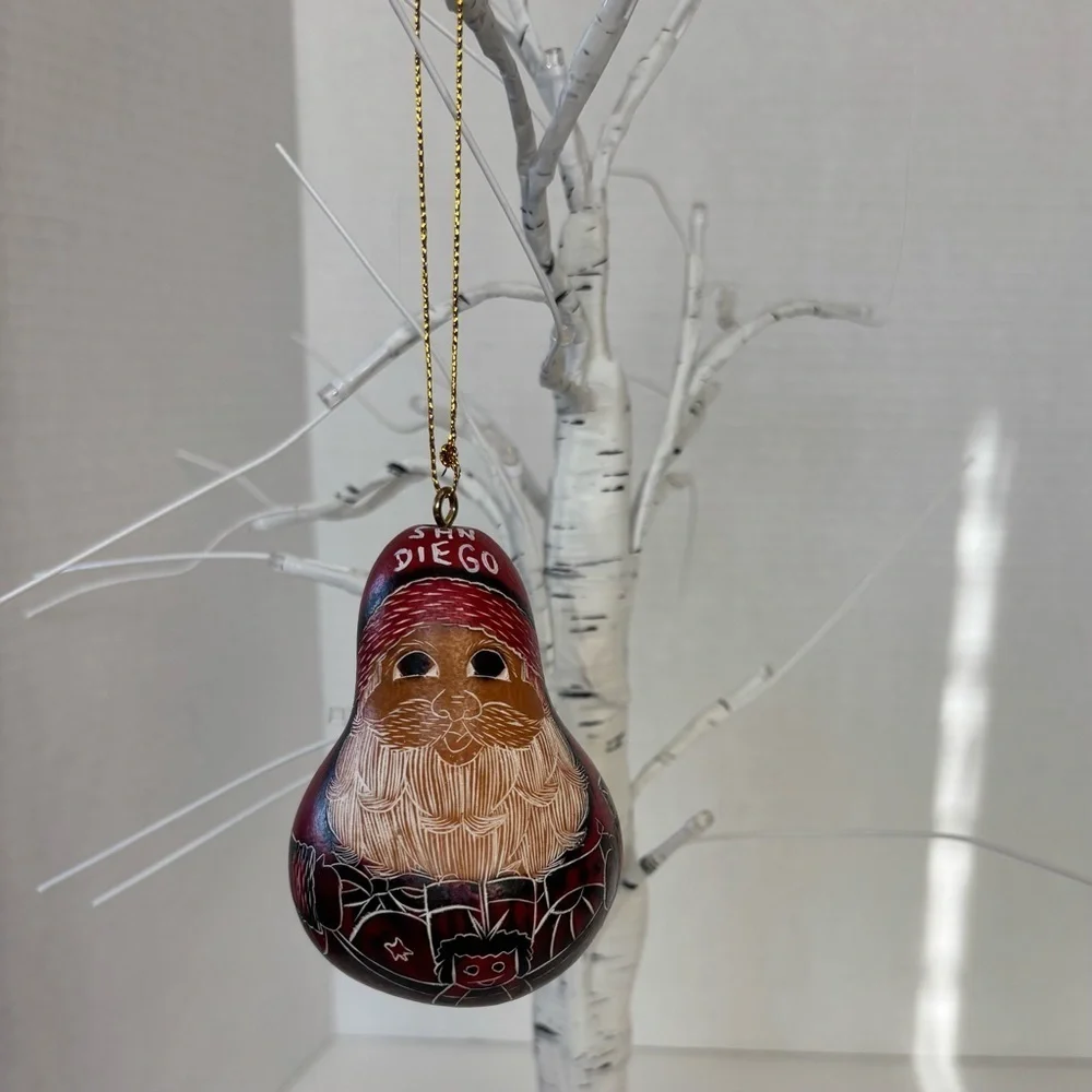 Santa Clause Folk Art Gourd Christmas Ornament  Hand Carved Painted Peruvian